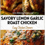 Golden Lemon Garlic Herb Roasted Chicken topped with buttery pan gravy and fresh herbs on a roasting pan