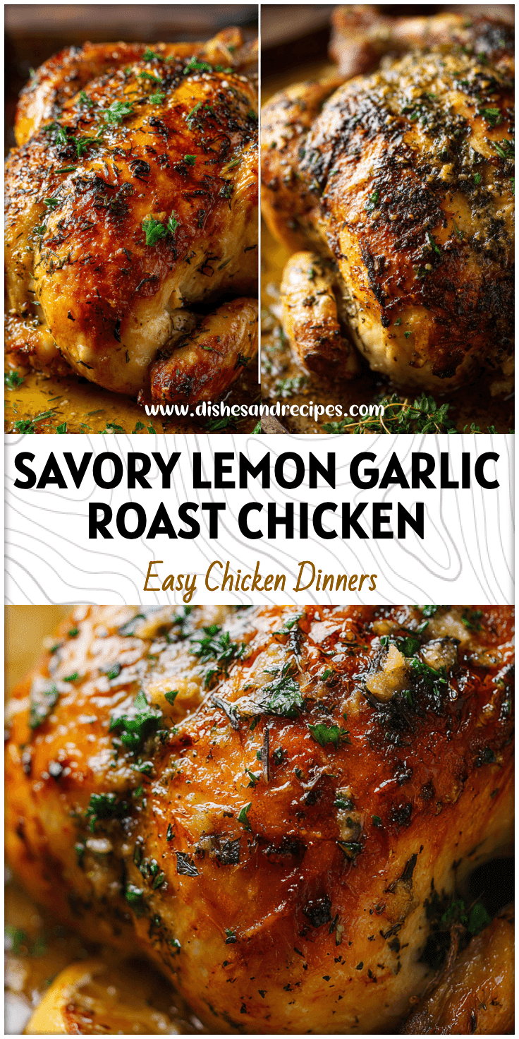 Golden Lemon Garlic Herb Roasted Chicken topped with buttery pan gravy and fresh herbs on a roasting pan