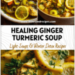 Ginger Turmeric Detox Soup for Comfort and Healing 5 A golden bowl of ginger turmeric detox soup with celery and chicken pieces, garnished with lemon slices and herbs.
