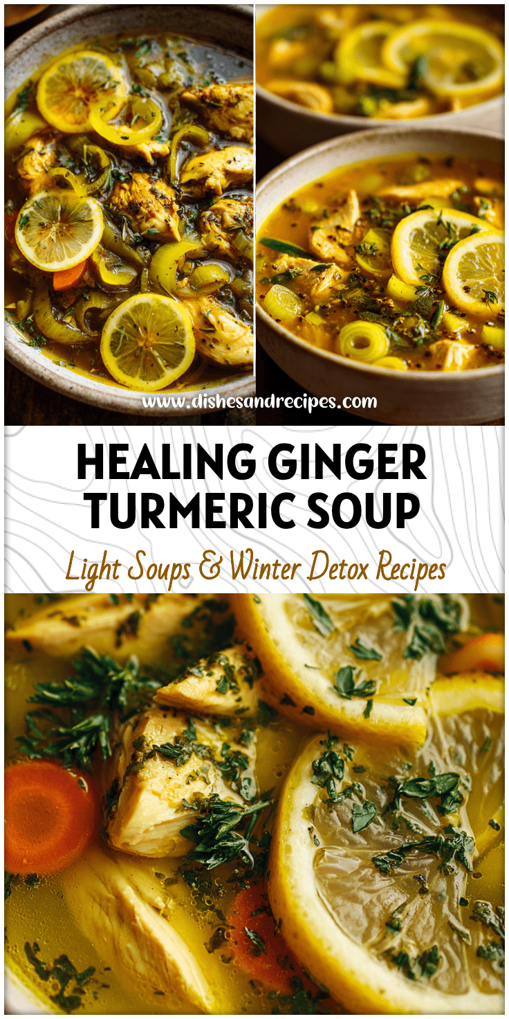A golden bowl of ginger turmeric detox soup with celery and chicken pieces, garnished with lemon slices and herbs.
