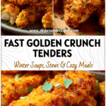 Closeup of golden Air Fried Chicken Tenders on a tray with sauce and fresh herbs.