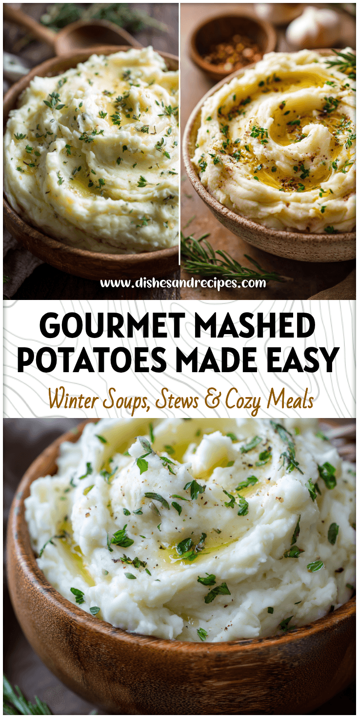 Close-up of gourmet herbed mashed potatoes served in a rustic bowl as a winter side dish.