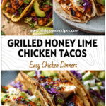 Plate of grilled honey lime chicken tacos with avocado slaw for easy healthy tacos lovers.