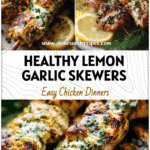 Grilled Lemon Garlic Chicken Skewers for a Healthy Summer BBQ 5 Juicy grilled lemon garlic chicken skewers on a summer platter with herbs and lemon wedges.