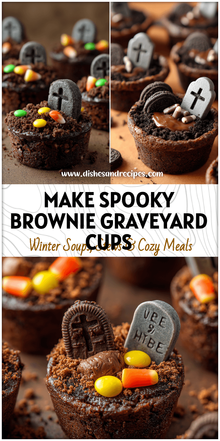 Chocolate Halloween Graveyard Brownie Cups topped with cookie gravestones and candy worms as a fun Dirt Cup Dessert.