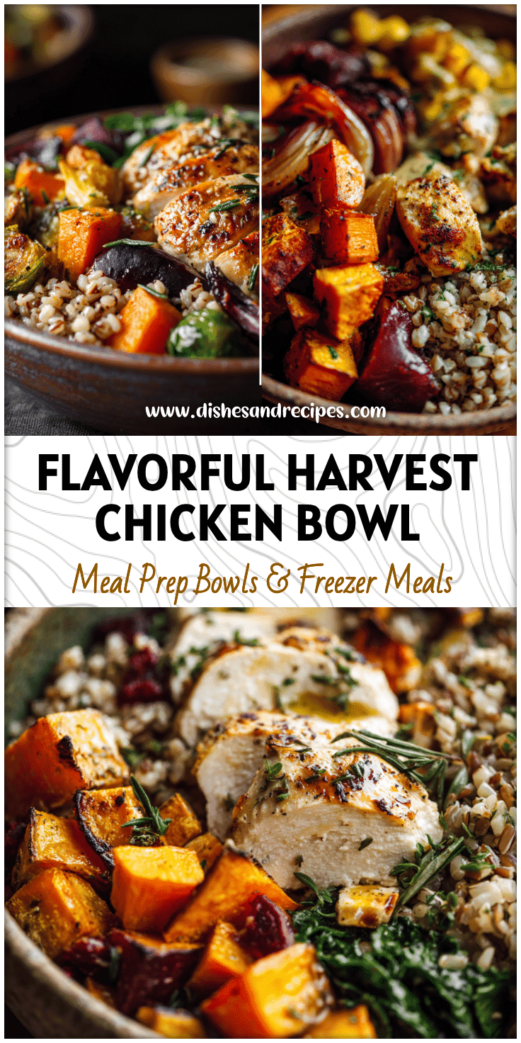 Colorful Harvest Chicken Bowl with sweet potatoes, grains, and Honey Dijon Chicken in a rustic bowl