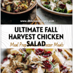 Bowl of Fall Harvest Chicken Salad with apples, cranberries, and rotisserie chicken on rustic plate