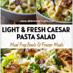 Healthy Chicken Caesar Pasta Salad with Grilled Flavor (Light & Fresh) 5 A bowl of Healthy Chicken Caesar Pasta Salad with grilled chicken, bowtie pasta, and romaine lettuce.