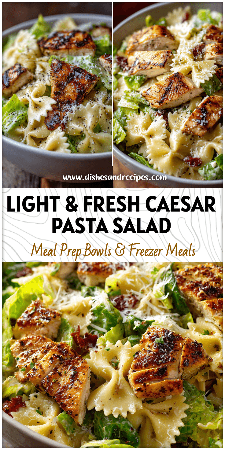 A bowl of Healthy Chicken Caesar Pasta Salad with grilled chicken, bowtie pasta, and romaine lettuce.