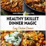 A colorful Chicken Enchilada Skillet topped with corn, cheese, and Enchilada Rice served in one pan.