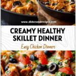 A skillet filled with creamy healthy chicken enchilada topped with melted cheese and black beans in a Mexican fiesta style.