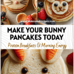 Stack of bunny-shaped healthy pancakes decorated with fruit for cute kids breakfast ideas.