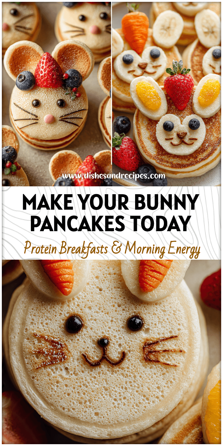 Stack of bunny-shaped healthy pancakes decorated with fruit for cute kids breakfast ideas.