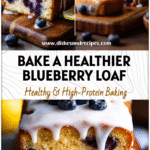 Healthy Lemon Blueberry Loaf Cake with Greek Yogurt 5 A moist Healthy Lemon Blueberry Loaf Cake topped with fresh blueberries and a lemon glaze on a wooden board