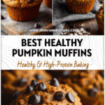 Freshly baked Healthy Pumpkin Chocolate Chip Muffins with applesauce and oats in a rustic kitchen setting