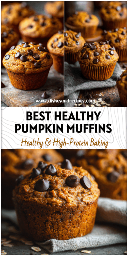 Freshly baked Healthy Pumpkin Chocolate Chip Muffins with applesauce and oats in a rustic kitchen setting