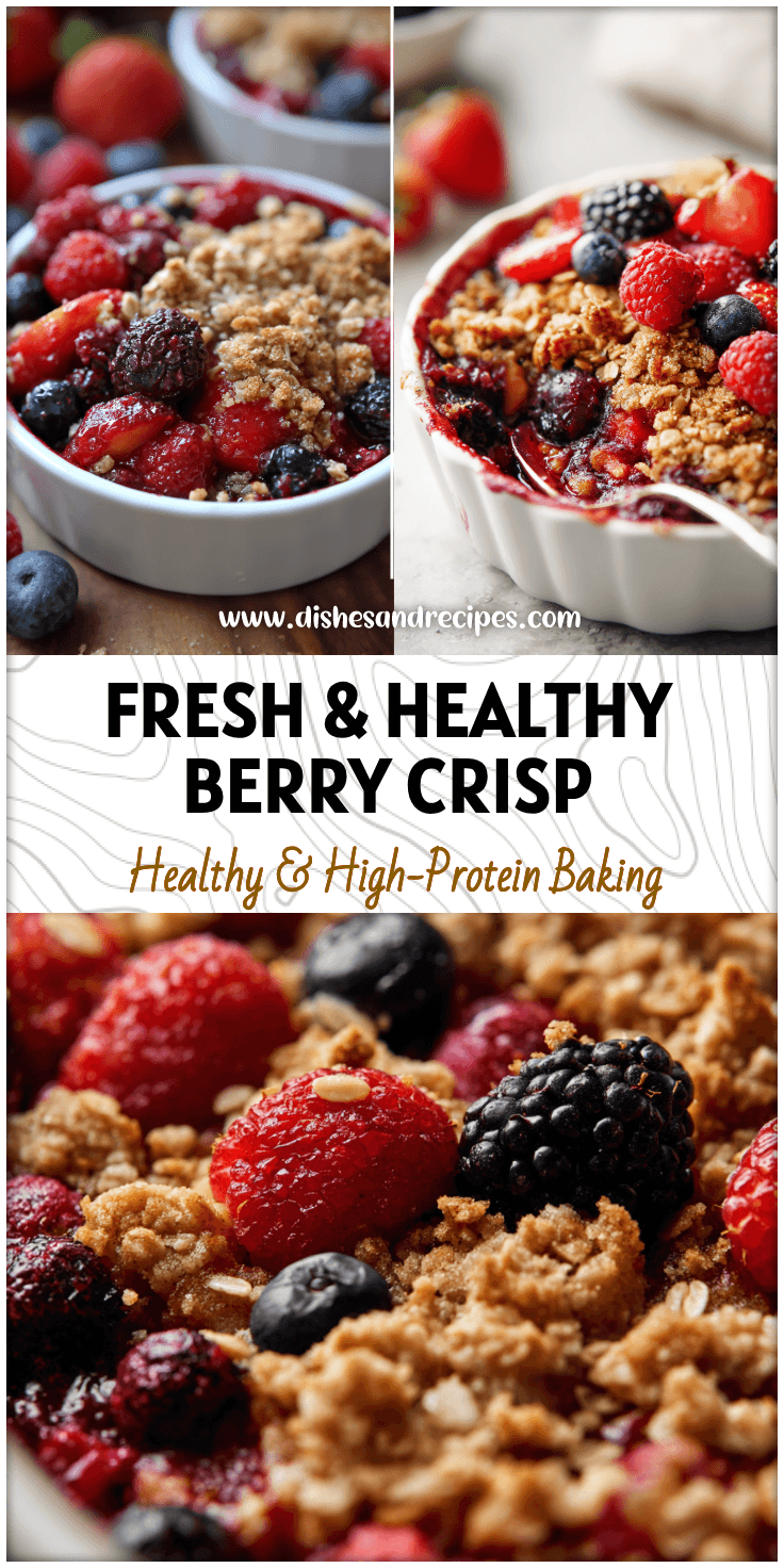 Baked Healthy Berry Crisp in a dish topped with golden oat crumble and fresh mixed berries.