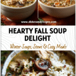 Steaming bowl of Mushroom Chicken Rice Soup with chunks of chicken, rice, and mushrooms on a rustic fall table.