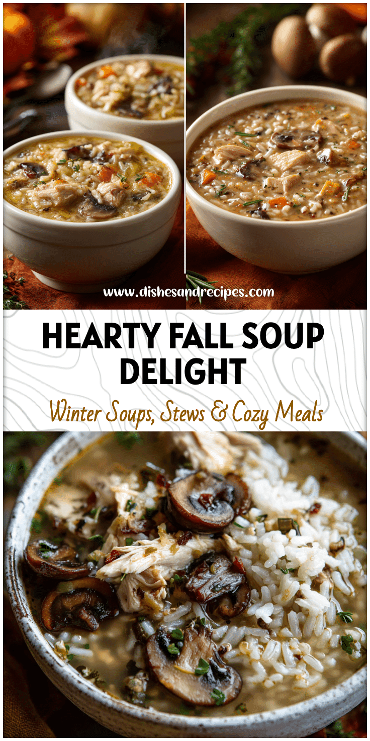 Steaming bowl of Mushroom Chicken Rice Soup with chunks of chicken, rice, and mushrooms on a rustic fall table.