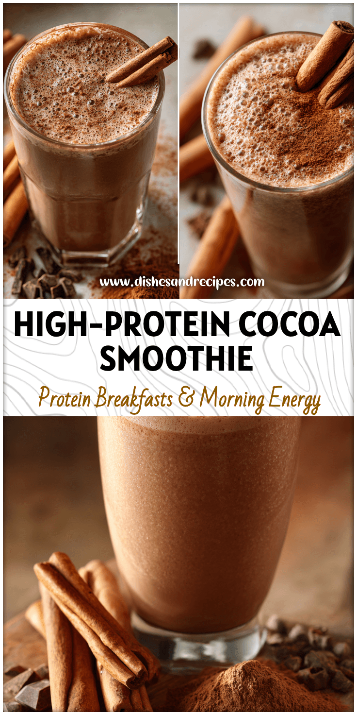 Glass of high-protein hot cocoa smoothie with cinnamon sticks and chocolate powder for Bariatric Friendly Recipes.