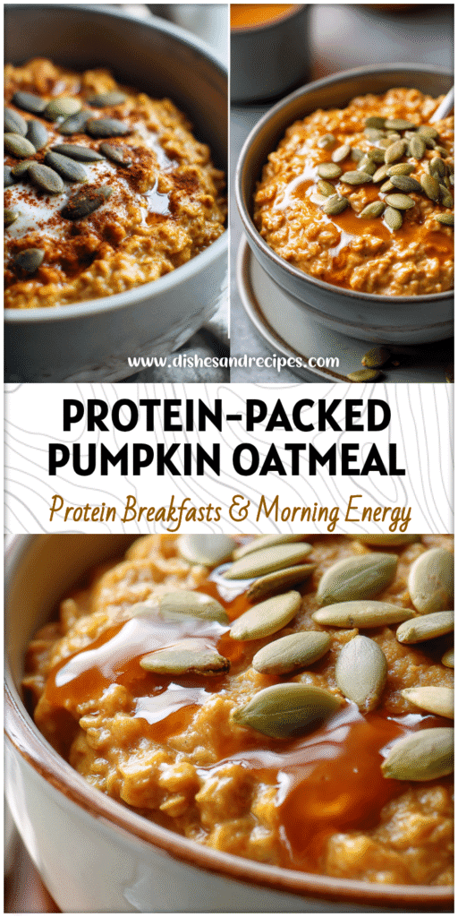 Bowl of Pumpkin Oatmeal made with Canned Pumpkin, Pumpkin Seeds, and drizzled with Pure Maple Syrup.