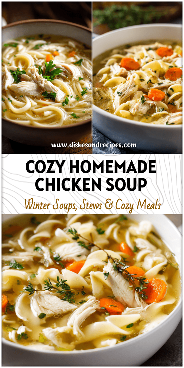 Bowl of Homemade Chicken And Noodle Soup with tender noodles and herbs in a cozy kitchen setting