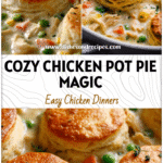 Homemade Chicken Pot Pie Casserole Dinner Ideas with Flaky Biscuits 5 Golden biscuit-topped Homemade Chicken Pot Pie casserole served warm for cozy dinner ideas.