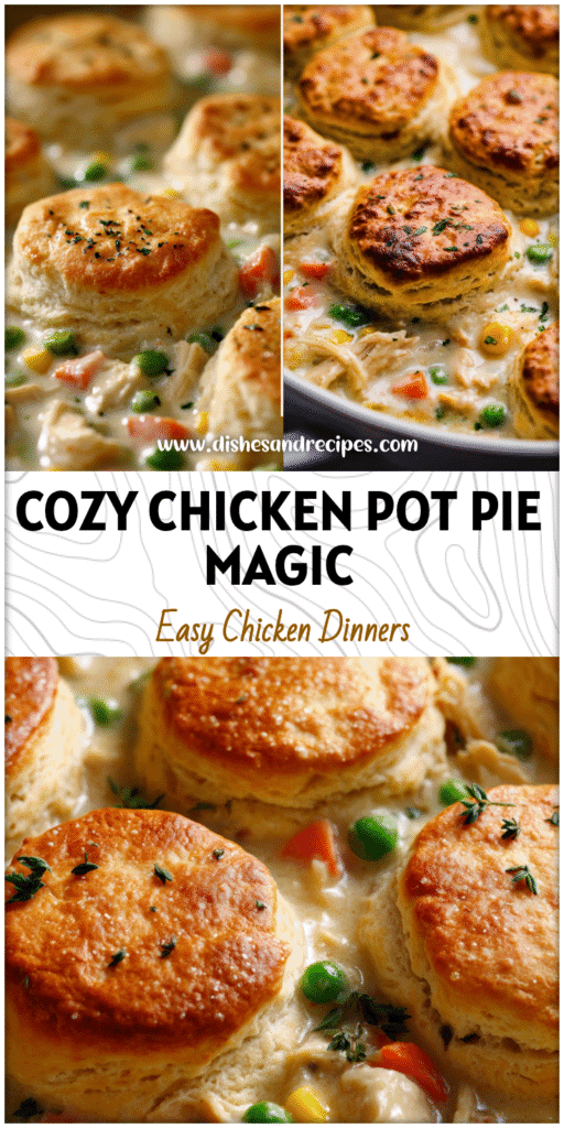 Golden biscuit-topped Homemade Chicken Pot Pie casserole served warm for cozy dinner ideas.