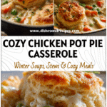 Golden Homestyle Chicken Pot Pie Casserole topped with biscuits and creamy filling served for dinner ideas