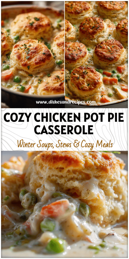 Golden Homestyle Chicken Pot Pie Casserole topped with biscuits and creamy filling served for dinner ideas