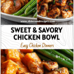 Honey Garlic Chicken with Sweet Potatoes & Green Beans 5 Baked honey garlic chicken with roasted sweet potatoes and green beans served on a white plate.