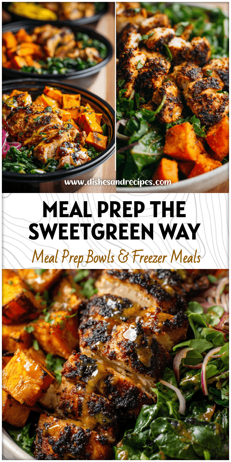 Honey mustard chicken meal prep bowls with roasted sweet potatoes and greens resembling a Sweetgreen Honey Chicken Recipe.