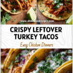 Close-up of Leftover Turkey Tacos with golden Pulled Turkey Carnitas topped with fresh herbs and lime wedges.
