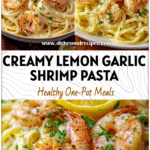 Plate of creamy Lemon Garlic Shrimp Linguine topped with parsley and lemon slices