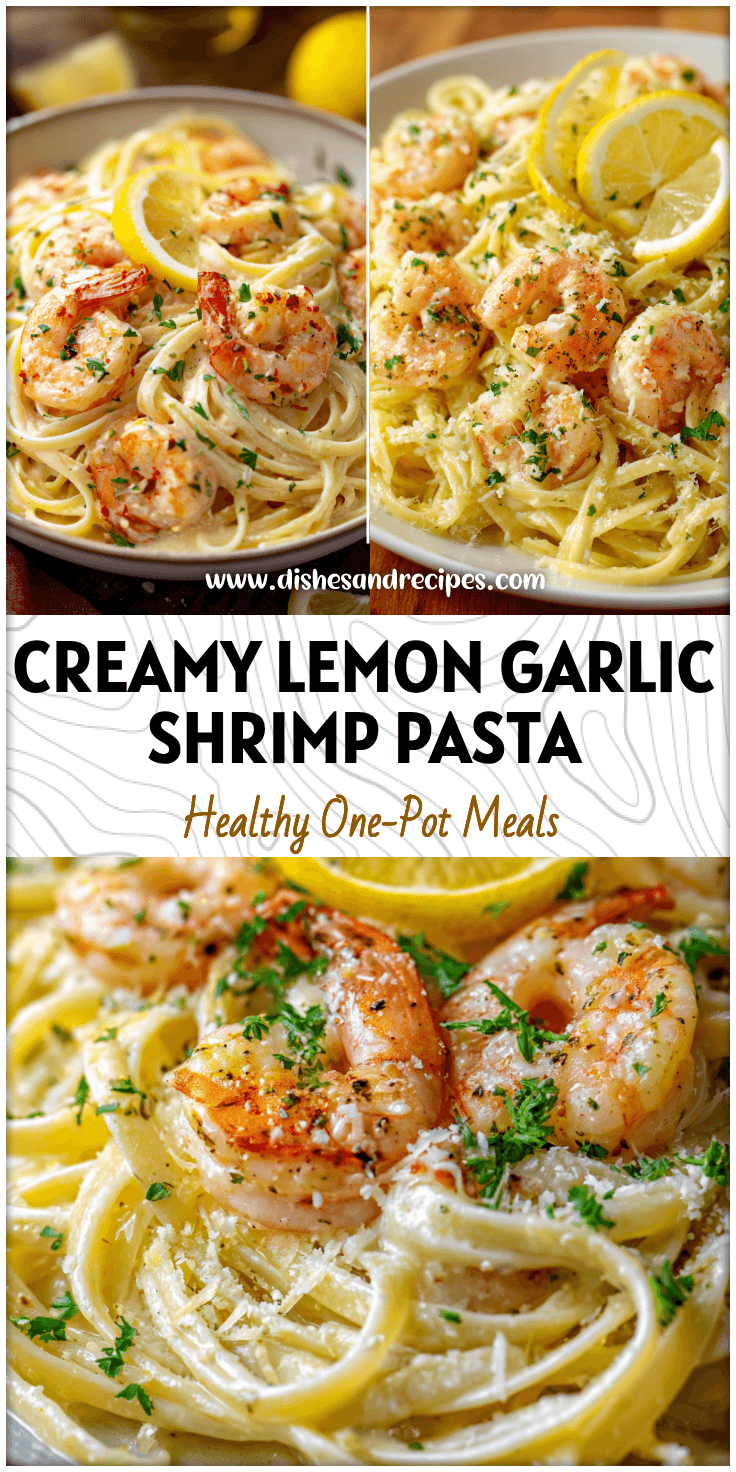 Plate of creamy Lemon Garlic Shrimp Linguine topped with parsley and lemon slices