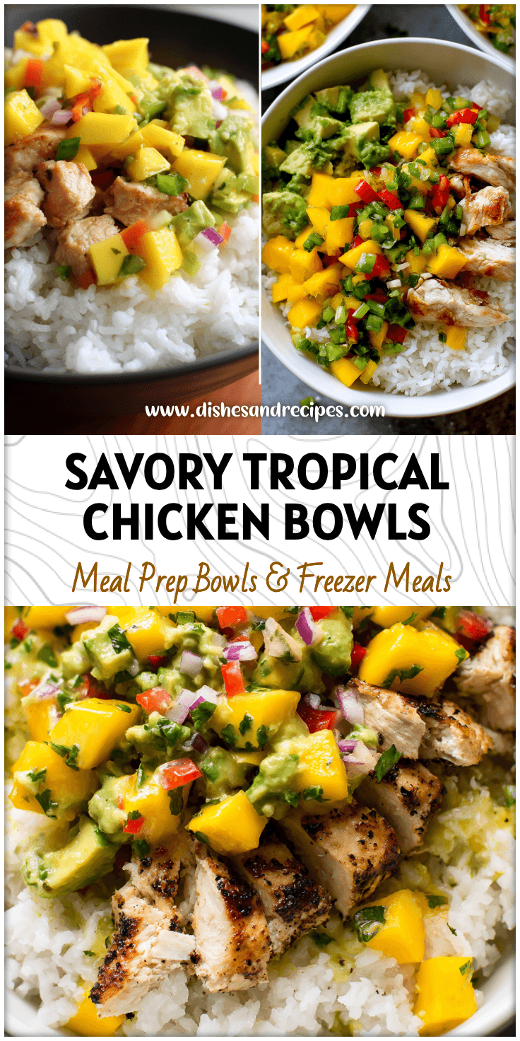 Colorful bowl of Mango Chicken with Avocado Salsa served over Coconut Rice in a tropical presentation