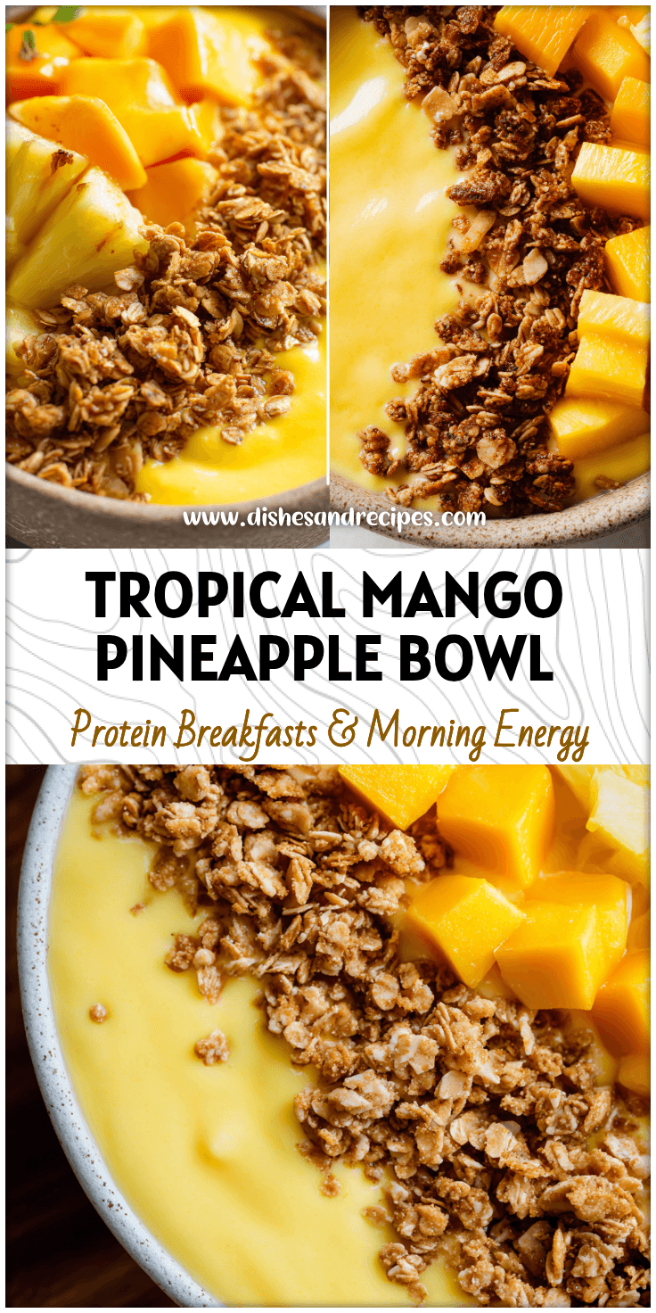 Vibrant Mango Pineapple Smoothie Bowl topped with granola and tropical fruit in an aesthetic smoothie bowl style