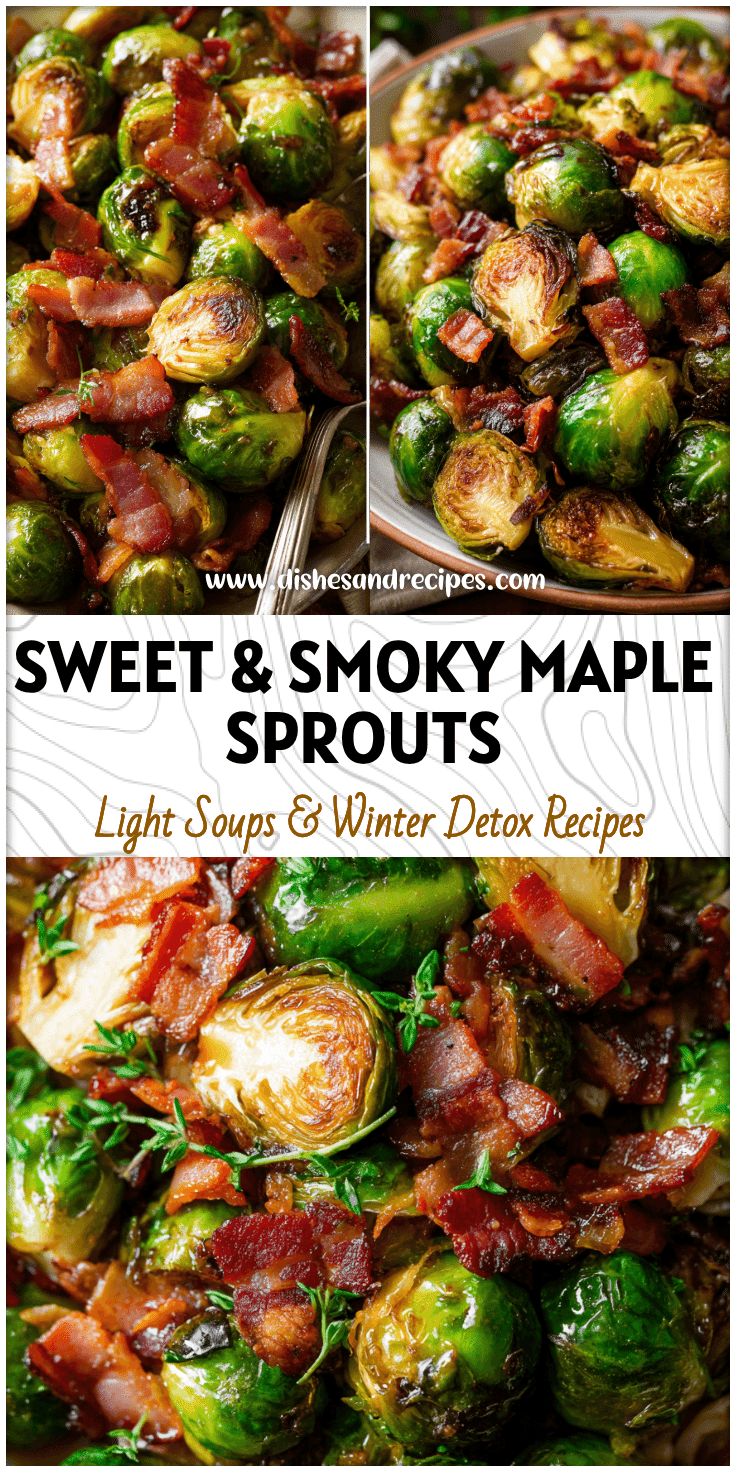 Roasted Brussels sprouts with crispy bacon and a glossy maple bourbon glaze on a serving dish.