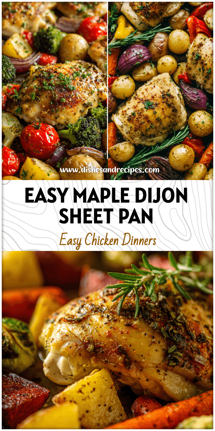 Sheet pan with maple dijon chicken and roasted veggies for a simple healthy chicken dinner idea.