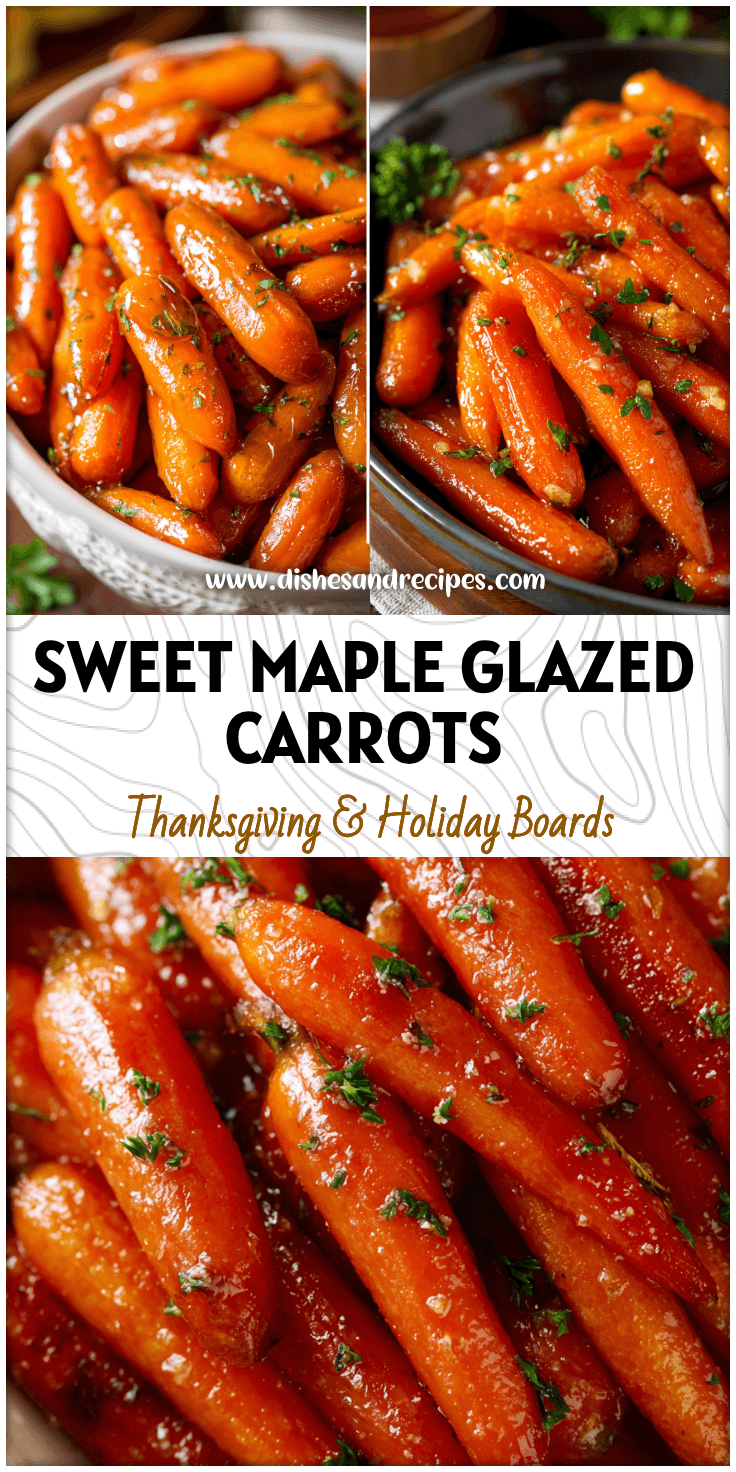 Bowl of shiny maple glazed cooked carrots with brown sugar glaze and honey drizzle.