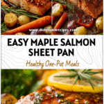 Sheet pan with Maple Dijon Glazed Salmon fillets baked with vegetables and drizzled maple glaze.