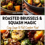 Bowl of maple roasted Brussels sprouts with butternut squash, cranberries, and pecans as a festive side dish.