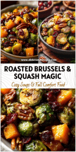 Home 5 Bowl of maple roasted Brussels sprouts with butternut squash, cranberries, and pecans as a festive side dish.