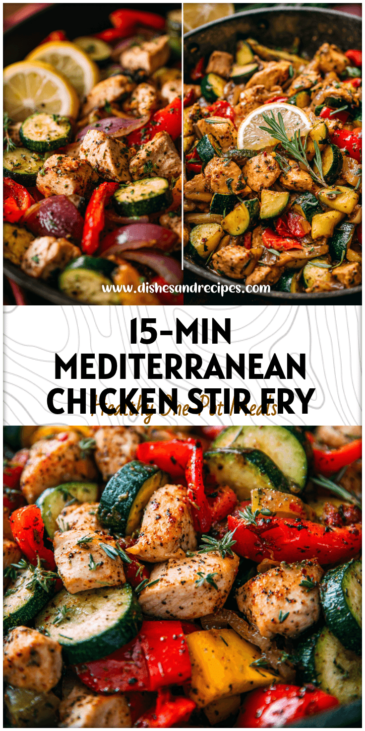 Colorful Mediterranean Chicken and veggie stir fry served in a skillet with herbs and lemon.