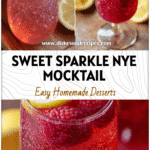 Glittery pink raspberry mocktail in a tall glass with lemon slice at a neon-themed drink mixing station