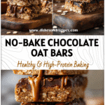 Stack of No-Bake Chocolate Peanut Protein Bars with oats and peanut butter drizzled on top on a rustic board.