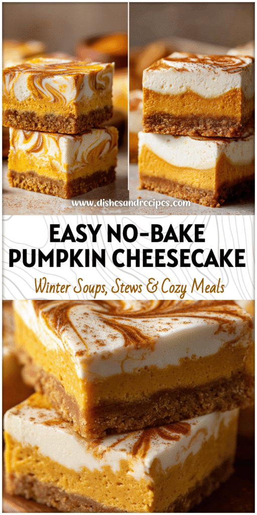 Home 11 No bake pumpkin cheesecake bars with creamy swirled layers on a graham cracker crust, garnished with cinnamon.