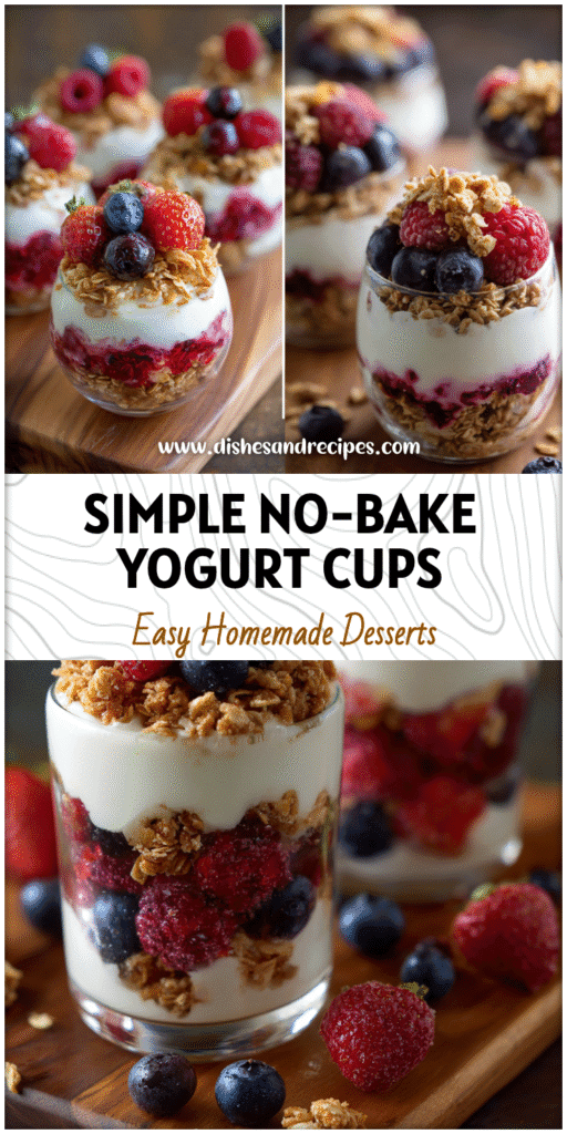 No-bake yogurt fruit cups layered with berries, granola, and creamy frozen yogurt parfait.