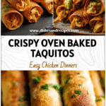 Oven Baked Chicken Taquitos with Guacamole Salsa 5 Golden oven baked chicken taquitos filled with shredded chicken and served with guacamole salsa.