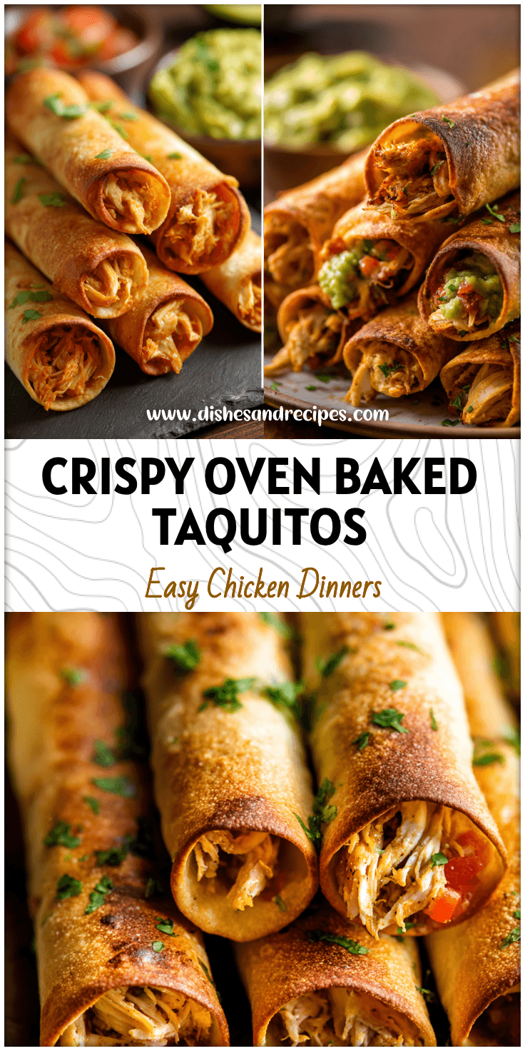 Golden oven baked chicken taquitos filled with shredded chicken and served with guacamole salsa.